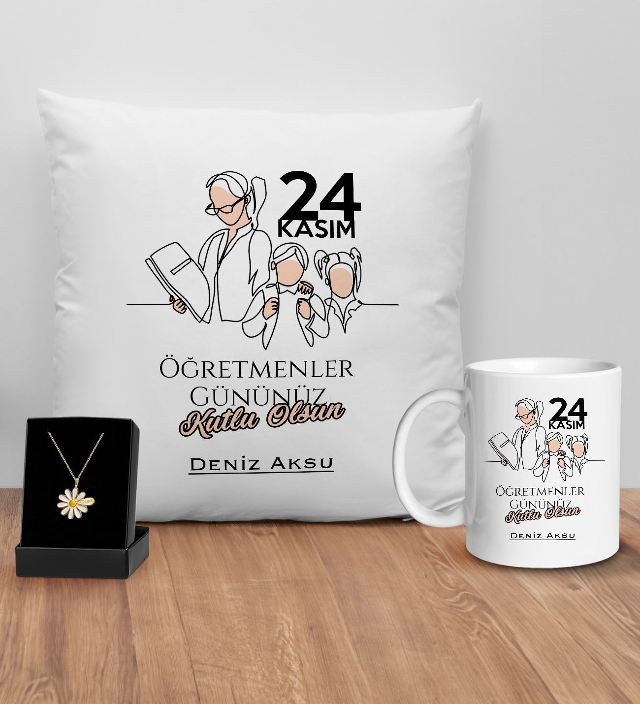 BK Gift Kişiye Özel Öğretmenler Günü Tasarımlı Beyaz Kupa Yastık ve İsimli Papatya Kolye Hediye Seti- 15, Öğretmene Hediye, Öğretmenler Günü