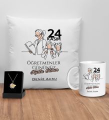 BK Gift Kişiye Özel Öğretmenler Günü Tasarımlı Beyaz Kupa Yastık ve İsimli Papatya Kolye Hediye Seti- 15, Öğretmene Hediye, Öğretmenler Günü