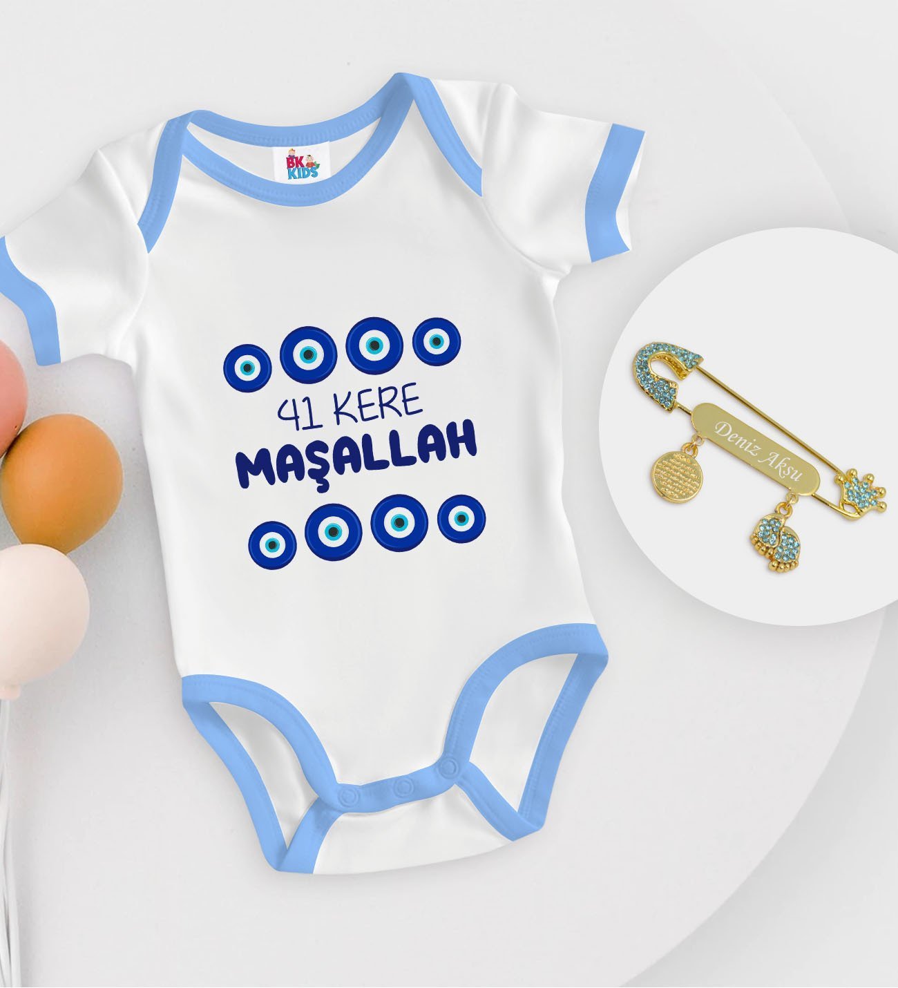 BK Kids Kişiye Özel Maşallah Tasarımlı Mavi Bebek Body Zıbın ve Erkek Bebek İğnesi Hediye Seti-2