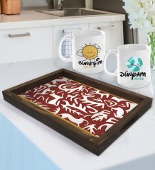 Kişiye Özel Güneşim ve Dünyam Tasarımlı 2'li Kupa Bardak Seti ve Doğal Ahşap Tepsi-2