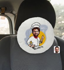 Kişiye Özel Erkek Chef Karikatürlü Yuvarlak Araç Koltuk Yastığı-12