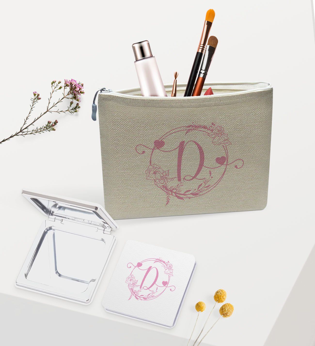 BK Gift Kişiye Özel Keten Makyaj Çantası ve Ayna Seti, Sevgiliye Hediye, Sevgililer Günü Hediyesi, Doğum Günü Hediyesi-7