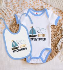 BK Kids Little Advanturer Tasarımlı Mavi Bebek Body Zıbın ve Mama Önlüğü Hediye Seti-1