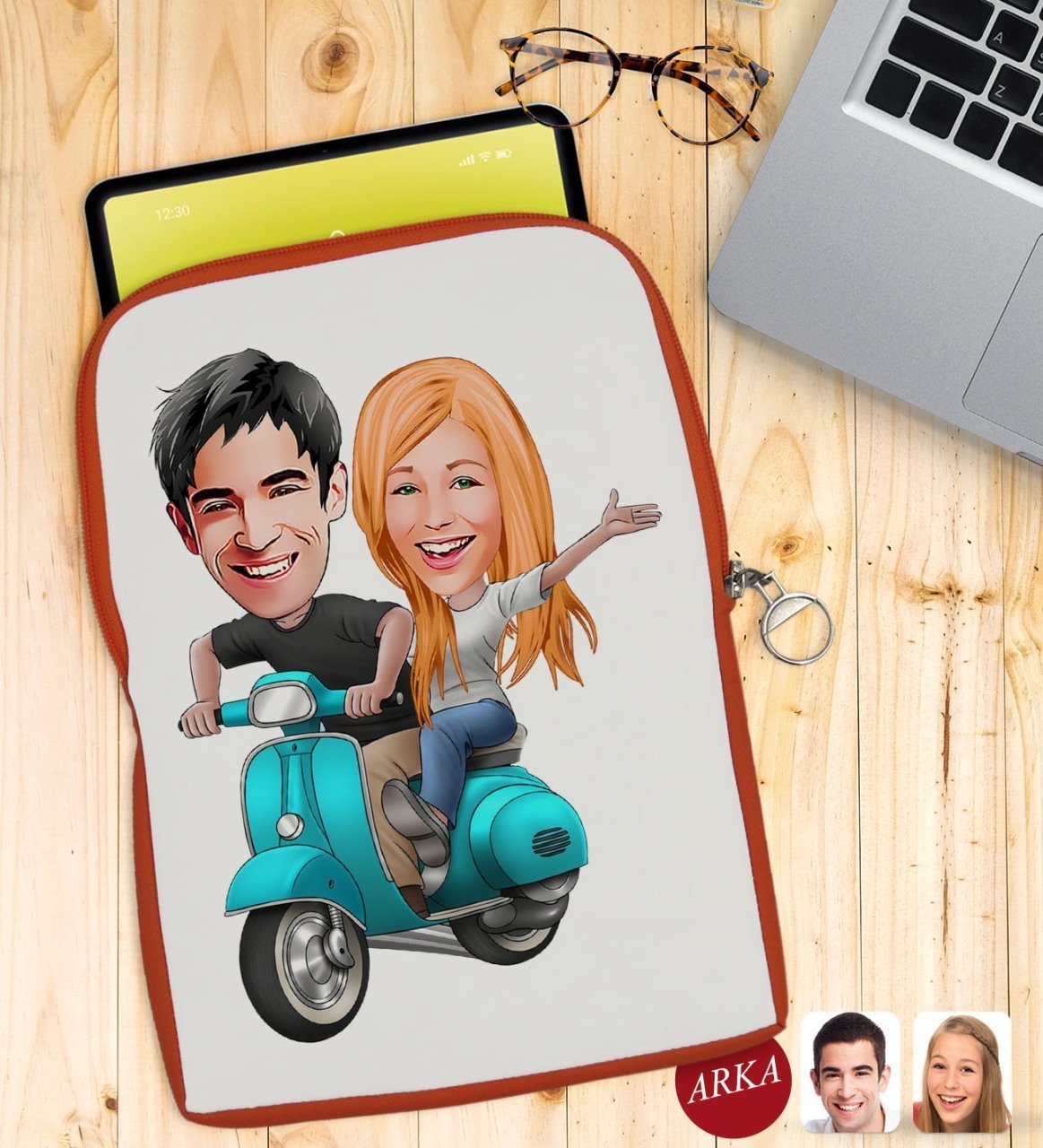 Kişiye Özel Sevgililer Karikatürlü Taşınabilir Koruyucu Tablet Kılıfı & Organizer Çanta - Turuncu-99