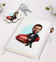 Kişiye Özel Erkek Patron Karikatürlü Beyaz Defter Kalem ve Anahtarlık Hediye Seti-1