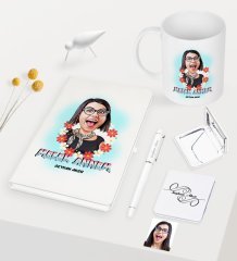 Kişiye Özel Melek Annem Karikatürlü Beyaz Defter Kalem Kupa Ayna Seti