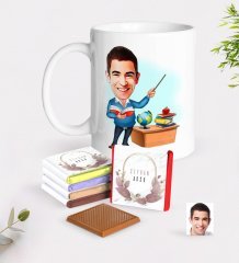 Kişiye Özel Erkek Öğretmen Karikatürlü Beyaz Kupa ve Çikolata Hediye Seti-5