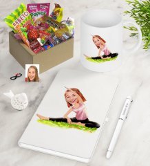 Kişiye Özel Bayan Yogacı Karikatürlü Nostaljik Lezzetler Defter Kalem Kupa Hediye Seti-1