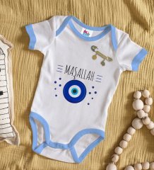 BK Kids Kişiye Özel Maşallah Tasarımlı Mavi Bebek Body Zıbın ve Erkek Bebek İğnesi Hediye Seti-1