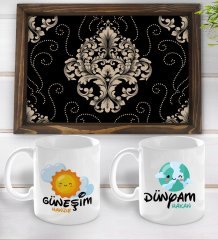 Kişiye Özel Güneşim ve Dünyam Tasarımlı 2'li Kupa Bardak Seti ve Doğal Ahşap Tepsi-1