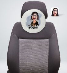 Kişiye Özel İsimli Mona Lisa Karikatürlü Yuvarlak Araç Koltuk Yastığı-1