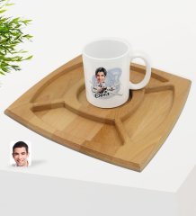 Kişiye Özel Erkek Kaptan Pilot Karikatürlü Beyaz Kupa ve Doğal Masif Ahşap 4 Bölmeli Sunum Tabağı Çerezlik Hediye Seti-1