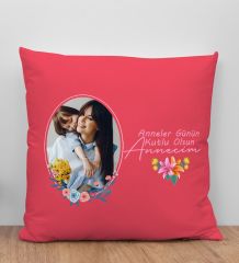 BK Gift Kişiye Özel Fotoğraflı Anneler Günü Tasarımlı Kırmızı Kırlent Yastık, Anneye Hediye, Ev Dekorasyonu, Anneler Günü Hediyesi-1