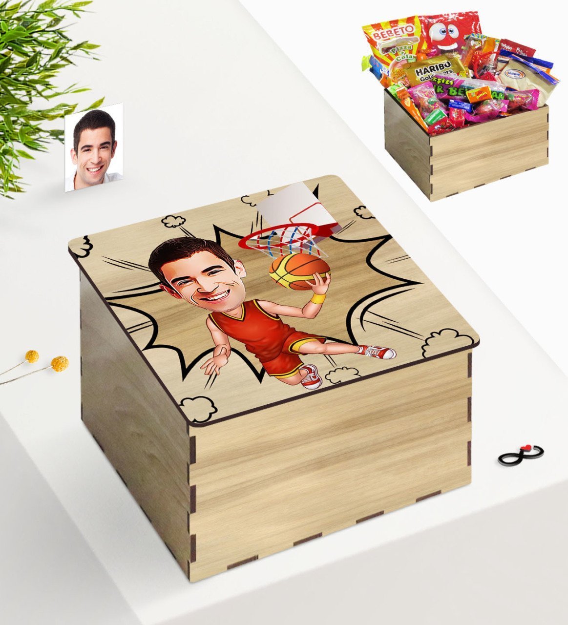 Kişiye Özel Ahşap Kutuda Bay Basketbolcu Karikatürlü Nostaljik Lezzetler Hediye Seti