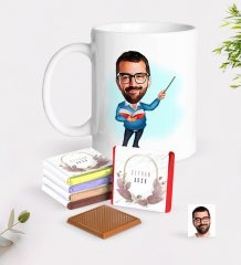 Kişiye Özel Erkek Öğretmen Karikatürlü Beyaz Kupa ve Çikolata Hediye Seti-4