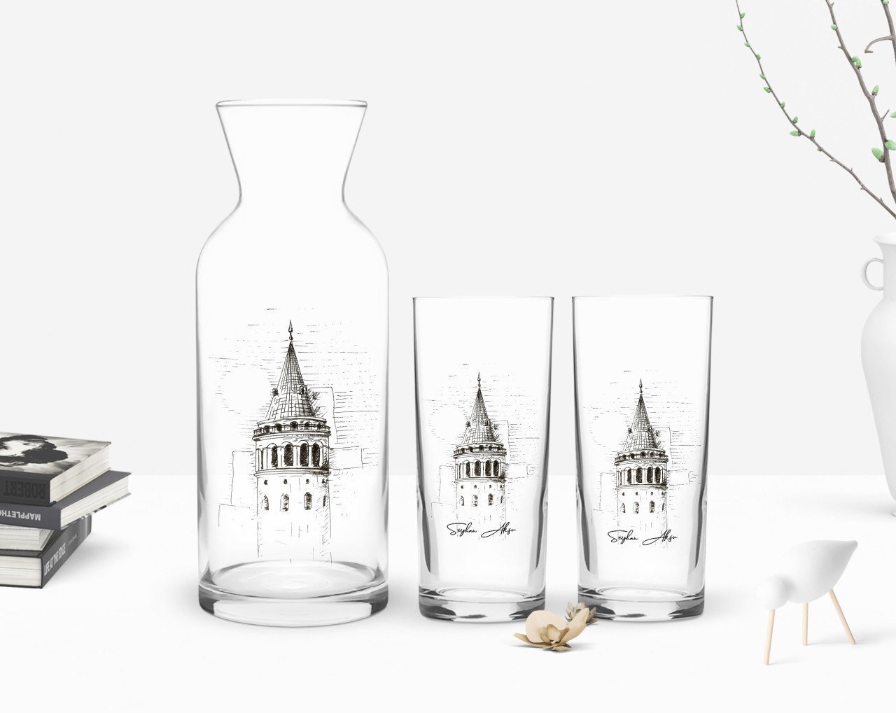 Kişiye Özel Renkli Baskılı Galata Kulesi Tasarımlı İkili Rakı Bardağı ve Karaf Hediye Seti-11