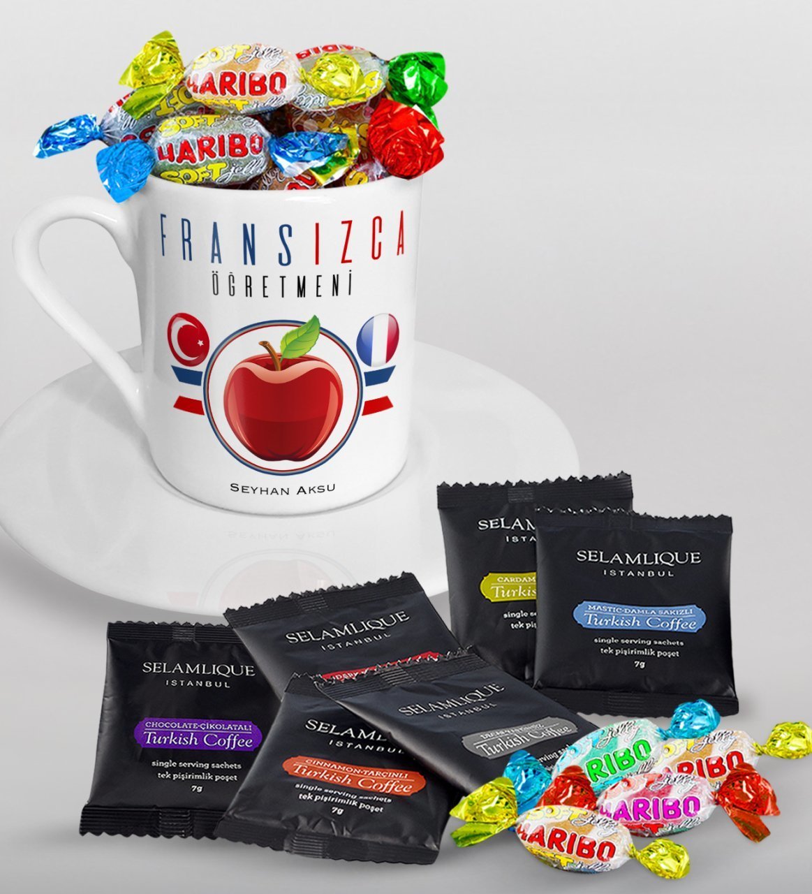 Kişiye Özel Fransızca Öğretmeni Türk Kahvesi Fincanı Selamlique Karışık Türk Kahvesi ve Haribo Şeker Hediye Seti-3