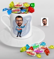 Kişiye Özel Bay Öğretmen Karikatürlü Türk Kahvesi Fincanı ve Haribo Şeker Hediye Seti-4