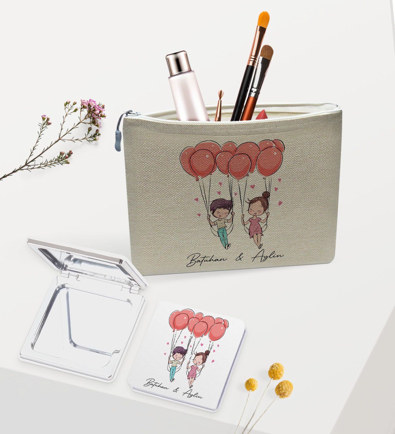 BK Gift Kişiye Özel Keten Makyaj Çantası ve Ayna Seti, Sevgiliye Hediye, Sevgililer Günü Hediyesi, Doğum Günü Hediyesi-5