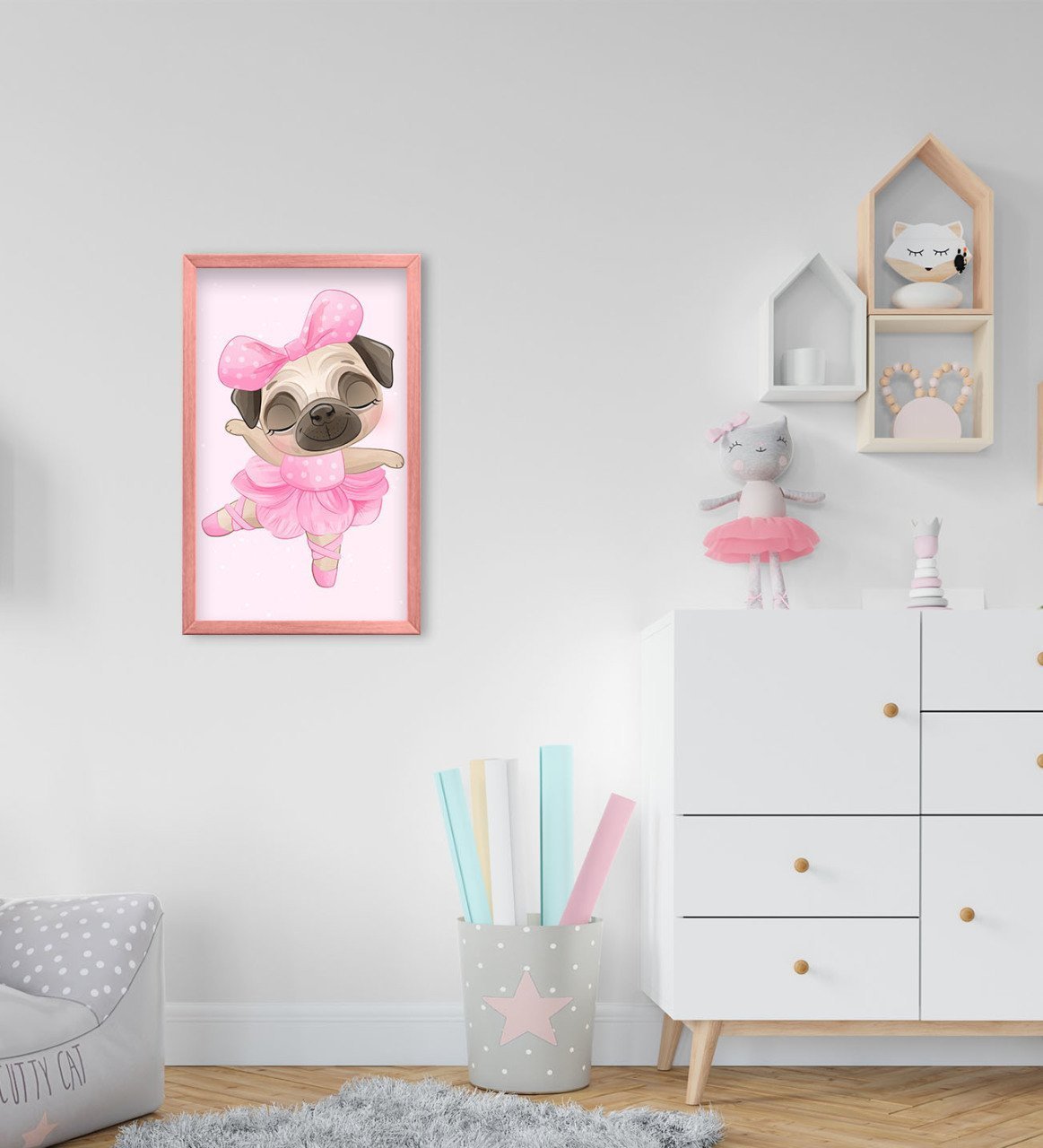 BK Home Tatlı Köpek Tasarımlı Dekoratif Pembe Ahşap Çerçeveli Çocuk Odası Tablo-2
