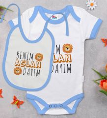 BK Kids Aslan Dayım Tasarımlı Mavi Bebek Body Zıbın ve Mama Önlüğü Hediye Seti-1