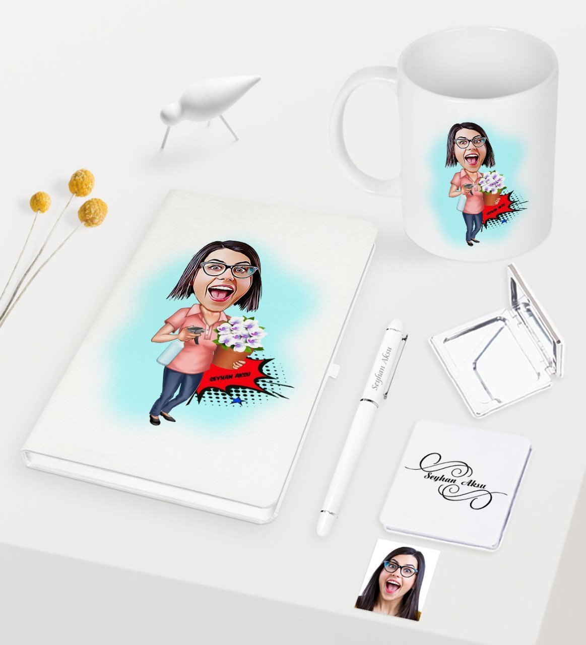 Kişiye Özel Ev Hanımı Anne Karikatürlü Beyaz Defter Kalem Kupa Ayna Seti - 2