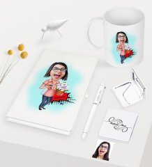 Kişiye Özel Ev Hanımı Anne Karikatürlü Beyaz Defter Kalem Kupa Ayna Seti - 2