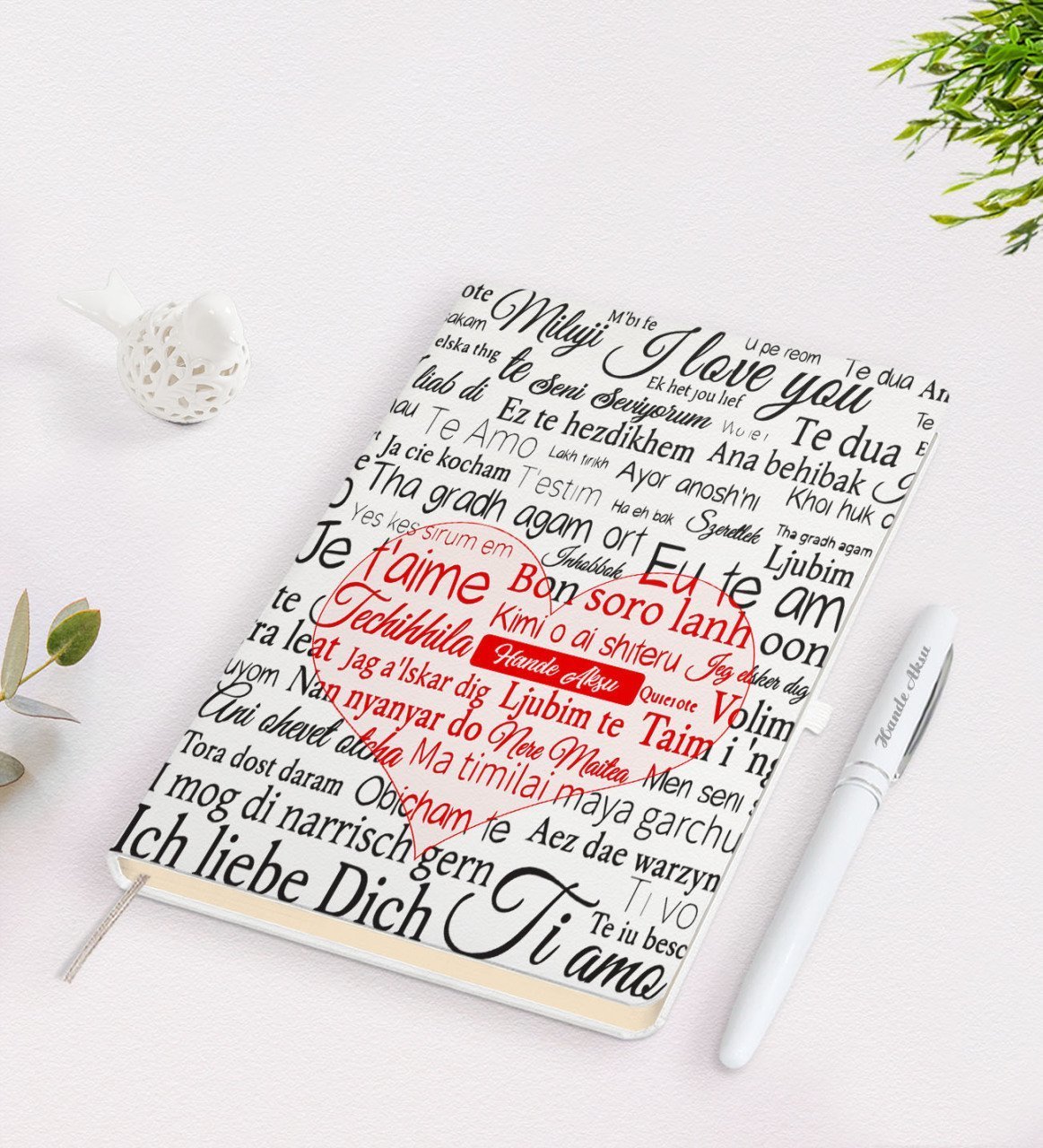 Kişiye Özel 100 Dilde Seni Seviyorum Beyaz Defter Kalem Seti
