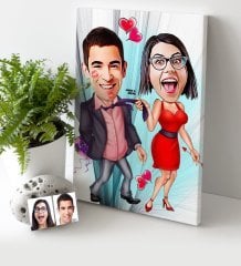 Kişiye Özel Sevgililer Karikatür Kanvas Tablo (30 x 50 cm.) - 4