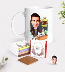 Kişiye Özel Erkek Öğretmen Karikatürlü Beyaz Kupa ve Çikolata Hediye Seti-2