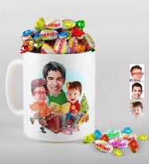 Kişiye Özel Yeni Yıl Aile Karikatürlü Beyaz Kupa ve Haribo Şeker Hediye Seti-1