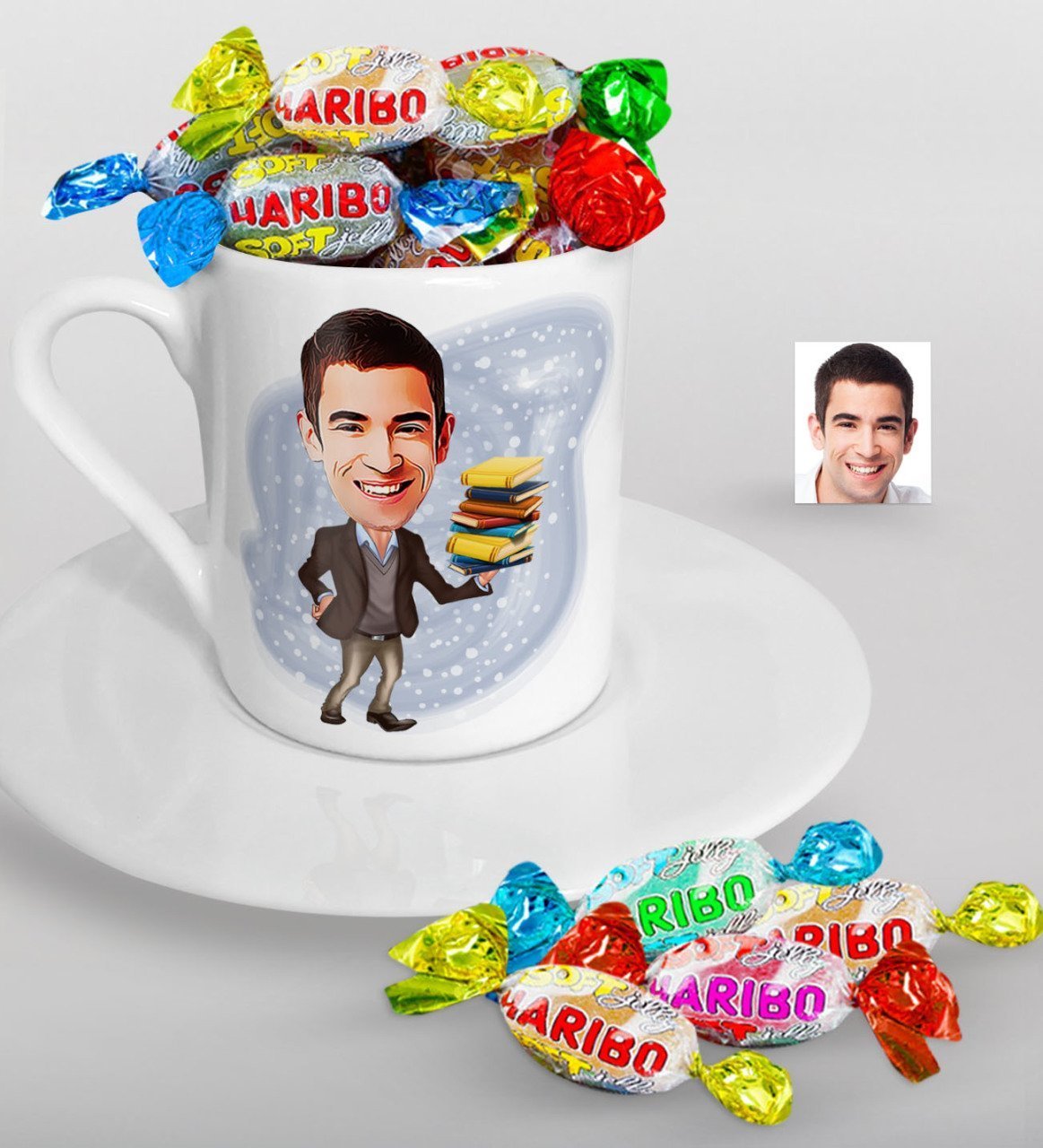 Kişiye Özel Bay Öğretmen Karikatürlü Türk Kahvesi Fincanı ve Haribo Şeker Hediye Seti-8