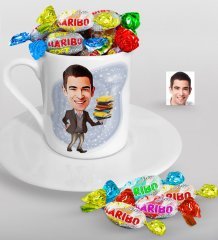 Kişiye Özel Bay Öğretmen Karikatürlü Türk Kahvesi Fincanı ve Haribo Şeker Hediye Seti-8