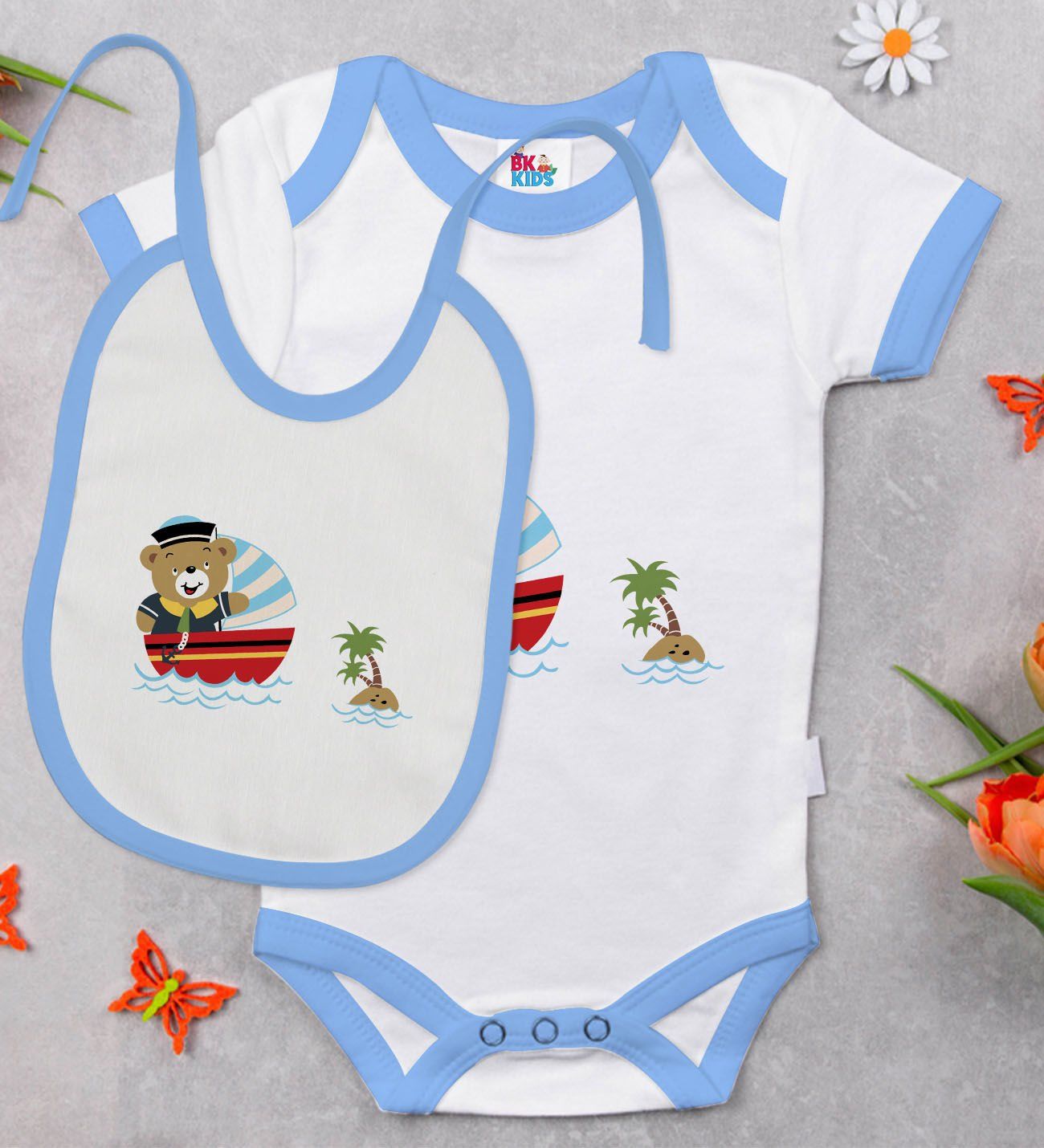 BK Kids Sevimli Kaptan Tasarımlı Mavi Bebek Body Zıbın ve Mama Önlüğü Hediye Seti-2