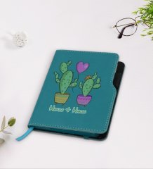 Kişiye Özel Kaktüs Tasarımlı Turkuaz Termo Deri Defter-12
