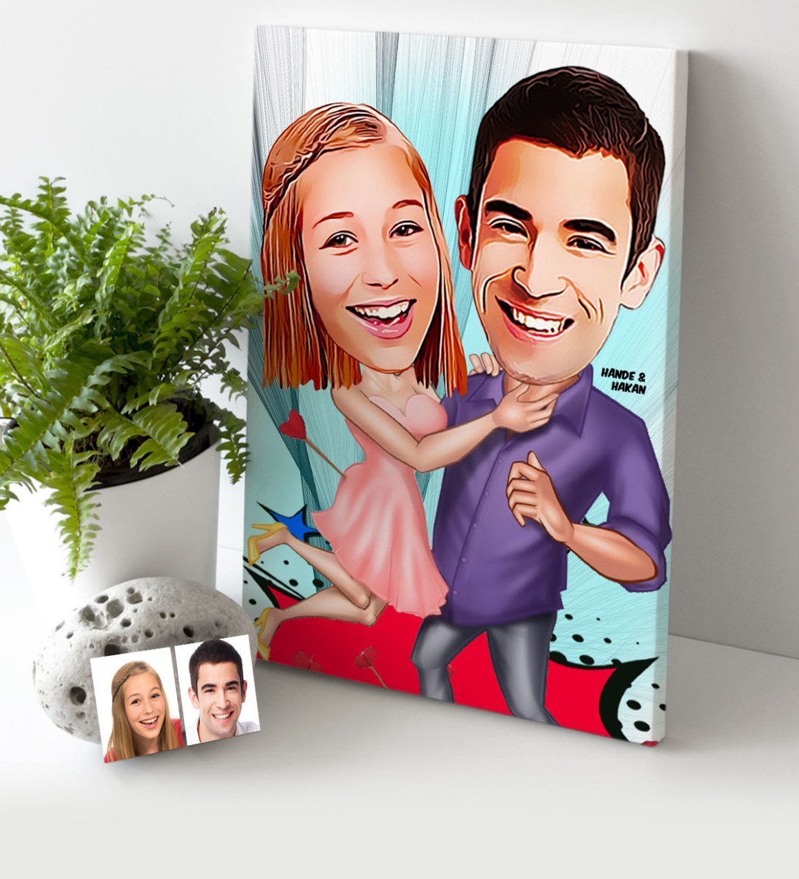 Kişiye Özel Sevgililer Karikatür Kanvas Tablo (30 x 50 cm.) - 3
