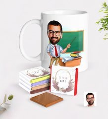 Kişiye Özel Erkek Öğretmen Karikatürlü Beyaz Kupa ve Çikolata Hediye Seti-1