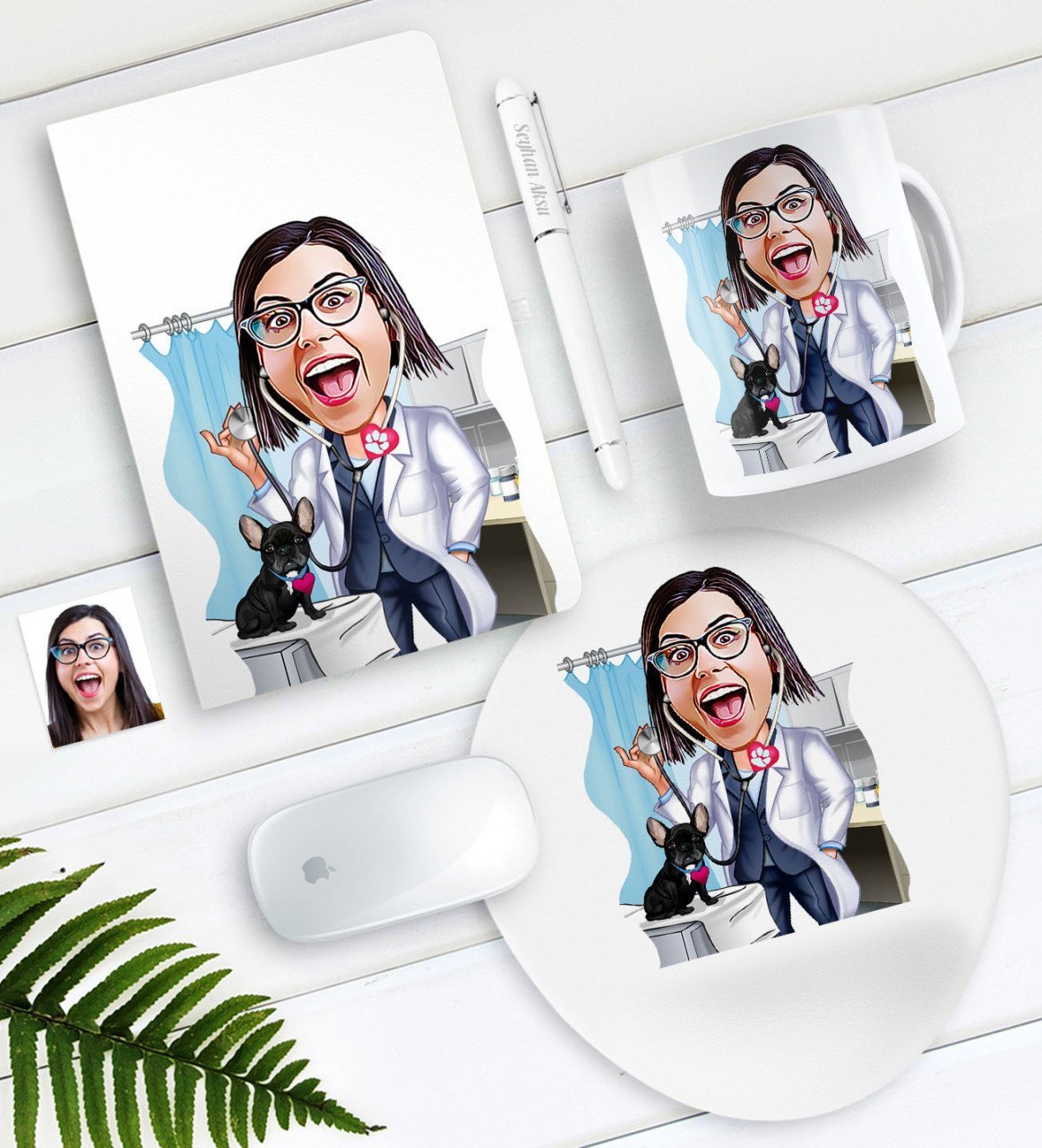 Kişiye Özel Bayan Veteriner Hekim Karikatürlü Defter Kalem Kupa Mouse Pad Seti