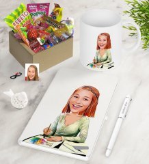 Kişiye Özel Bayan Grafik Tasarımcı Karikatürlü Nostaljik Lezzetler Defter Kalem Kupa Hediye Seti