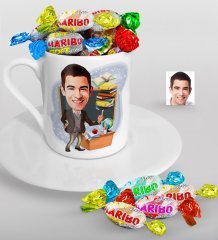 Kişiye Özel Bay Öğretmen Karikatürlü Türk Kahvesi Fincanı ve Haribo Şeker Hediye Seti-2