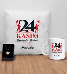BK Gift Kişiye Özel Öğretmenler Günü Tasarımlı Beyaz Kupa Yastık ve İsimli Papatya Kolye Hediye Seti- 11, Öğretmene Hediye, Öğretmenler Günü
