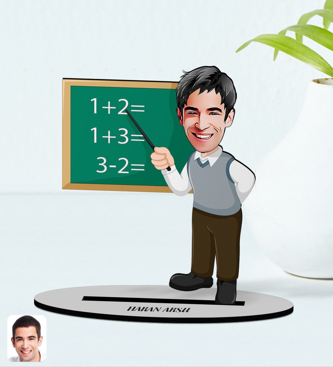 Kişiye Özel Erkek İlköğretim Matematik Öğretmeni Karikatürlü Ahşap Biblo Model-1