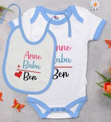 BK Kids Anne Baba Tasarımlı Mavi Bebek Body Zıbın ve Mama Önlüğü Hediye Seti-1