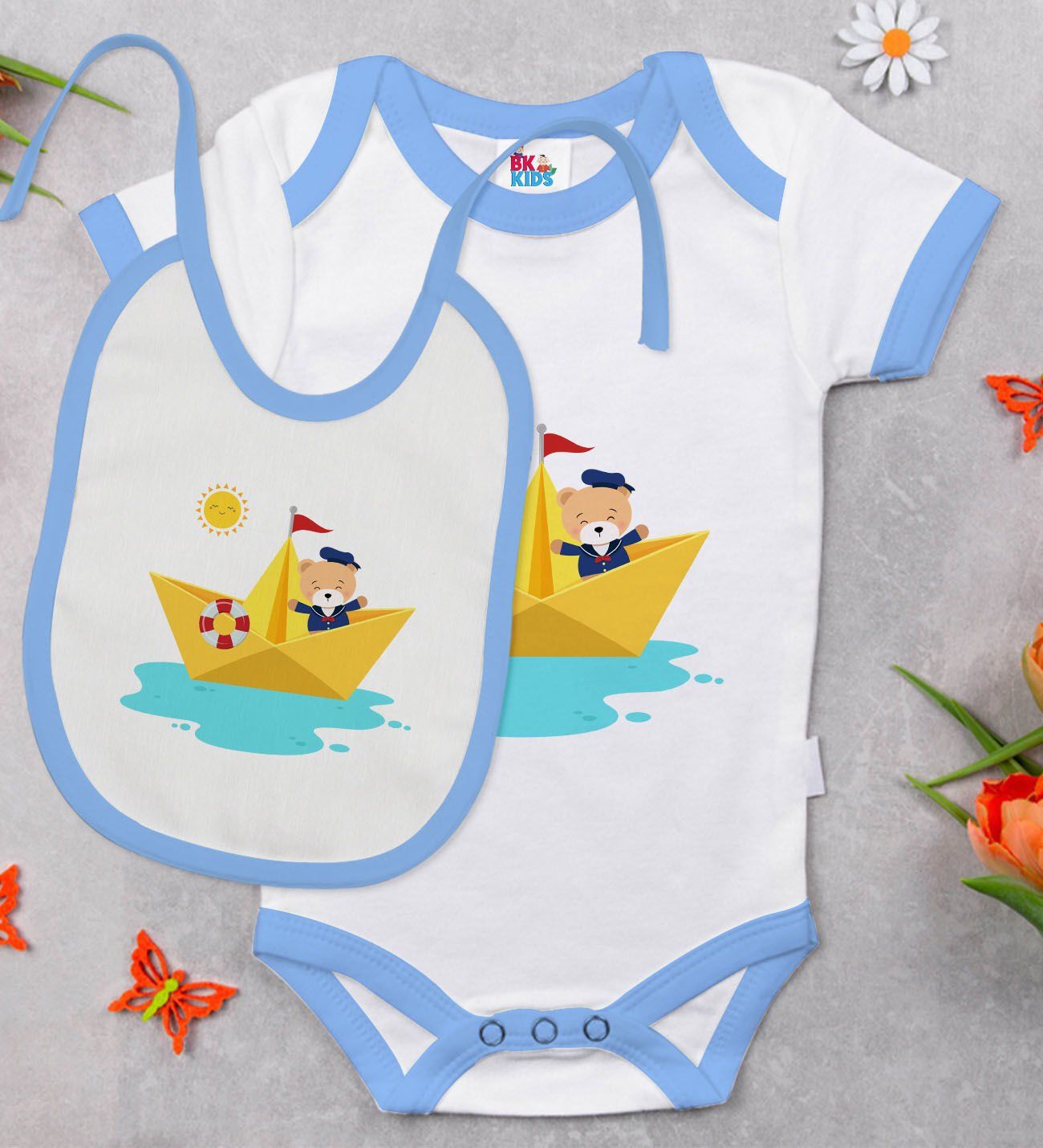 BK Kids Sevimli Kaptan Tasarımlı Mavi Bebek Body Zıbın ve Mama Önlüğü Hediye Seti-1