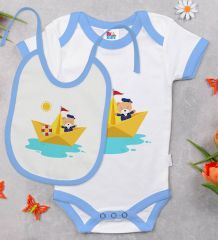 BK Kids Sevimli Kaptan Tasarımlı Mavi Bebek Body Zıbın ve Mama Önlüğü Hediye Seti-1