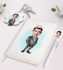 Kişiye Özel Erkek Mühendis Karikatürlü Beyaz Defter Kalem ve Anahtarlık Hediye Seti