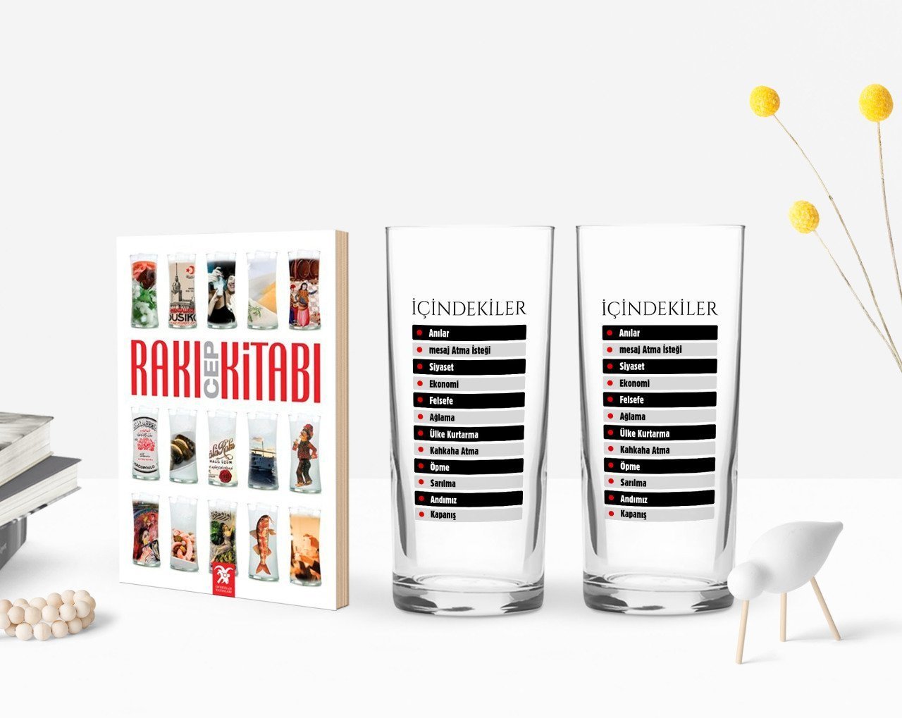 Kişiye Özel Renkli Baskılı İçindekiler Tasarımlı İkili Rakı Bardağı ve Rakı Cep Kitabı Hediye Seti-1