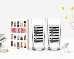 Kişiye Özel Renkli Baskılı İçindekiler Tasarımlı İkili Rakı Bardağı ve Rakı Cep Kitabı Hediye Seti-1