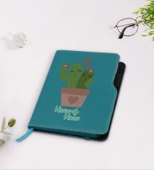 Kişiye Özel Kaktüs Tasarımlı Turkuaz Termo Deri Defter-11