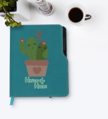 Kişiye Özel Kaktüs Tasarımlı Turkuaz Termo Deri Defter-11